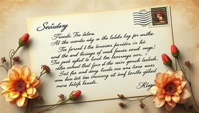 An artistic depiction of a handcrafted letter adorned with elegant calligraphy and poetic verses, surrounded by delicate flowers and vintage stamps, symbolizing the beauty and personal touch of ScribeVerse's services.