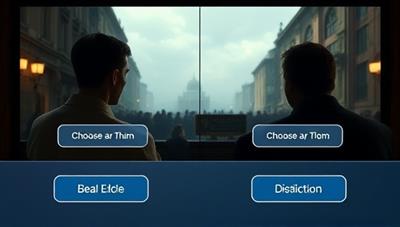 A split-screen image showing a movie scene where viewers have two options to choose from, with interactive buttons on the screen for decision-making, illustrating the concept of interactive storytelling.