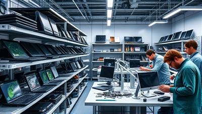 A modern tech recycling center with shelves of refurbished laptops, smartphones, and tablets on display, alongside a team of technicians working on disassembling and repairing electronic devices, reflecting the concept of sustainability and technological innovation.