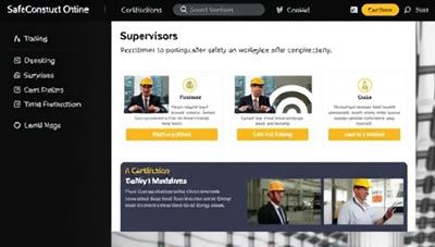 An e-learning platform interface for SafeConstruct Online displaying interactive safety training modules, quizzes, and certification options, with construction workers and supervisors engaging in virtual safety training sessions, highlighting a commitment to workplace safety and compliance.