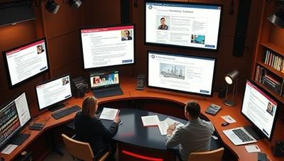 A dynamic digital workspace showcasing a virtual scriptwriting studio environment with multiple screens displaying script drafts, storyboards, and character sketches, surrounded by a collaborative team of writers, directors, and producers engaged in creative discussions and brainstorming sessions, symbolizing innovation and teamwork in script development.