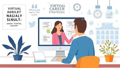 A virtual career coaching session depicted in a digital illustration, with a coach guiding a client through career strategies on a computer screen, surrounded by motivational quotes, career milestones, and a virtual job fair scene in the background, emphasizing growth and success in the professional journey.