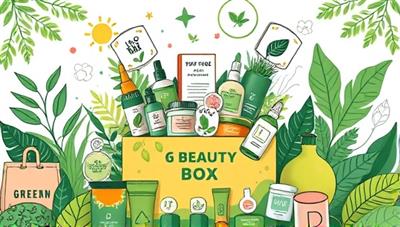 A vibrant illustration of a green-themed beauty box overflowing with various eco-friendly skincare and makeup products, surrounded by lush greenery and eco-conscious symbols, conveying a message of sustainability and natural beauty.