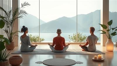 A tranquil and serene visual of a virtual meditation session, with participants practicing mindfulness and relaxation techniques in a peaceful virtual environment surrounded by calming nature elements and soothing ambient sounds, evoking a sense of tranquility and inner peace within the virtual retreat membership.