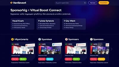 A digital event platform interface showcasing various sponsorship levels and branding opportunities for sponsors, with virtual booth layouts and engagement metrics displayed, emphasizing the benefits of sponsoring virtual events through EventBoost Connect.