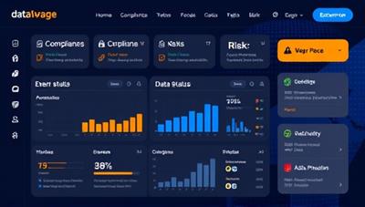 An interactive data privacy compliance tool interface displaying compliance status dashboards, risk assessments, and data protection recommendations, with a sleek design and user-friendly navigation, illustrating the sophistication and reliability of the compliance platform.