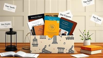An artistic representation of a beautifully designed box filled with legal books, guides, and tools, surrounded by legal-themed decorations, conveying the concept of receiving curated legal resources through a subscription service.