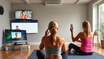 An energetic and dynamic virtual fitness challenge with participants following a workout routine led by a fitness coach, tracking their progress on-screen, and sharing their achievements in a supportive online community that fosters motivation and accountability.