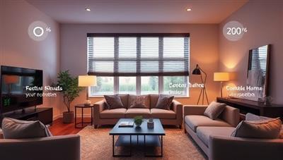 An aesthetically pleasing and modern living room setup with integrated smart home devices such as voice-controlled lighting, automated blinds, and a smart thermostat, illustrating the convenience and comfort provided by SmartScape Automation's subscription service.