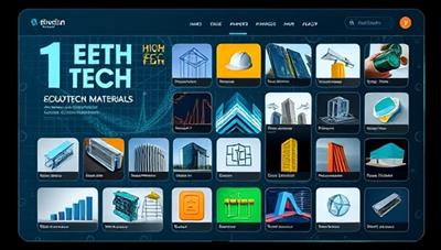 A digital platform interface showcasing a variety of high-tech and eco-friendly construction materials, with a sleek design and easy navigation, appealing to tech-savvy professionals in the industry.