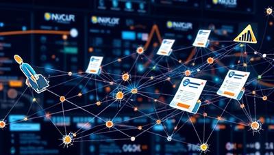 An interconnected network of blockchain nodes visualized in a digital marketplace setting, with invoices flowing securely between businesses and investors, accompanied by symbols of growth and financial stability, illustrating the efficiency and trustworthiness of BlockInvoice Exchange in revolutionizing invoice financing.