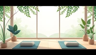 A serene digital illustration featuring a tranquil virtual retreat setting with calming nature elements, yoga mats, and meditation cushions, conveying a sense of peace and relaxation in the online wellness experience.