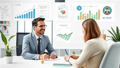 A virtual personal finance coaching session with a financial coach discussing investment strategies and budgeting tips with a client via video call, surrounded by financial planning tools and graphics illustrating financial concepts, conveying expertise and guidance in financial management.