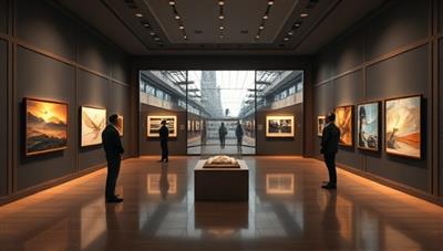 An elegant virtual art gallery space with digital art installations, gallery walls showcasing diverse artworks, and visitors exploring the exhibitions, creating a sophisticated and immersive art experience in a digital realm.