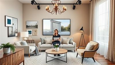 An elegant virtual design studio setup featuring a professional interior designer conducting a virtual consultation with a client, surrounded by mood boards, fabric swatches, and design samples, illustrating the convenience and expertise of the platform.