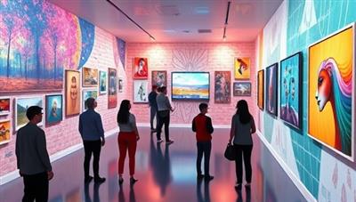 An immersive digital art gallery setting with vibrant artworks displayed on virtual walls, interactive screens showcasing artist profiles and descriptions, and avatars of users exploring the space and engaging with the art, creating a visually stimulating and enriching art experience.