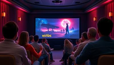 An immersive virtual theater setting with users from different countries watching a movie together on-screen, chatting and reacting in real-time, capturing the essence of a shared movie night experience online.