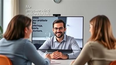 An engaging virtual meeting setup with a professional coach mentoring a candidate through a video call, displaying a positive and supportive interaction environment, with motivational quotes in the background, evoking a sense of empowerment and confidence-building.