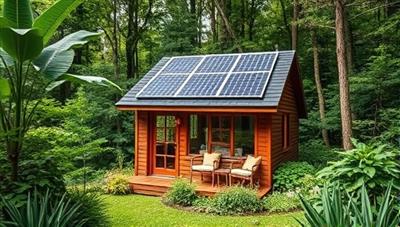 An artistically designed tiny home surrounded by lush greenery, showcasing solar panels on the roof, large windows, and a cozy outdoor seating area, evoking a sense of harmony with nature and modern eco-living.