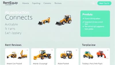 An online platform interface showcasing a variety of construction equipment options available for rent, accompanied by user reviews, equipment specifications, and rental pricing details, emphasizing the convenience and accessibility of RentEquip Connect's rental marketplace.