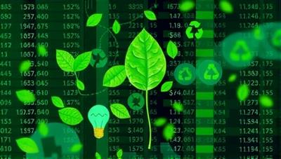 An image depicting a blend of financial data and green sustainability icons, such as leaves, lightbulbs, and recycling symbols, symbolizing the integration of environmental impact metrics into financial reporting and decision-making processes.