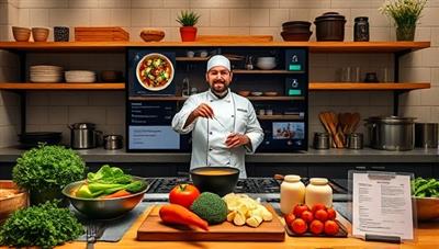 An interactive virtual cooking class setting with a chef demonstrating a recipe on-screen, surrounded by a kitchen setup with fresh ingredients, cooking utensils, and digital recipe instructions, evoking the immersive and educational Virtual Culinary Conclave experience.