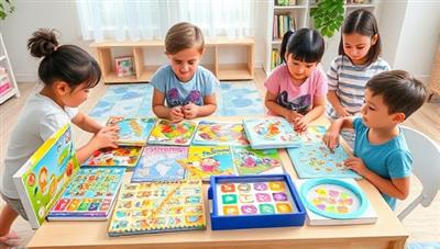 An assortment of colorful educational games, puzzles, and creative projects from EduPlayBox neatly arranged on a play table, with happy children playing and learning together, showcasing the interactive and engaging nature of the subscription box for kids.