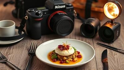 An artistic setup featuring a camera capturing a beautifully plated dish, surrounded by photography equipment, props, and editing tools, illustrating the essence of the online food photography course and the artistry behind capturing culinary moments.