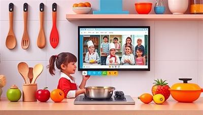 A colorful and inviting kitchen setup with kid-friendly cooking utensils, ingredients, and a digital screen displaying the MiniChefs Kitchen platform interface with a live cooking class in progress, showcasing young chefs happily engaged in culinary learning and creativity.