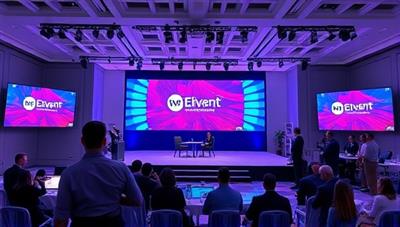 An immersive visual of a virtual event setup with a stage, digital screens displaying event branding, and attendees interacting in a virtual space, capturing the essence of a professional and engaging virtual event experience.