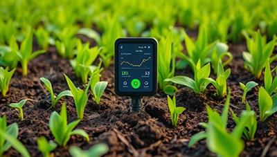 An image of a high-tech soil health sensor embedded in a lush green field, collecting data on soil moisture and nutrient levels, with a digital interface displaying real-time analytics for precision agriculture management, highlighting the cutting-edge technology in soil monitoring.