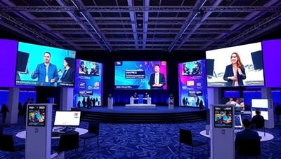 An artistic rendering of a virtual event setup, featuring a digital stage with multiple screens displaying speakers, participants, and sponsors, surrounded by virtual booths showcasing various event services, representing innovation and connectivity in the virtual event space.