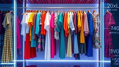 An artistic visual representation of a virtual closet filled with colorful and diverse pre-loved fashion items, displayed in a futuristic digital environment, symbolizing the blend of technology and sustainability in fashion recycling.