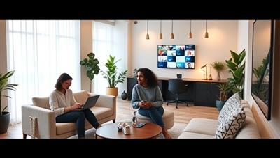 A modern co-living space with sleek tech gadgets and smart home devices, featuring a communal area with residents collaborating on laptops, attending a virtual meeting, and sharing ideas in a tech-friendly environment that encourages innovation and connectivity.