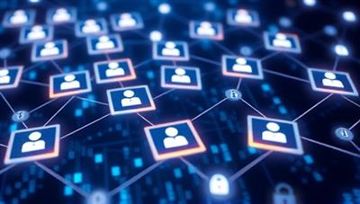 A digital interface showing a blockchain network with interconnected blocks representing verified identities, glowing with digital security features and encryption symbols, symbolizing the trust and reliability of VeriBlock's services.