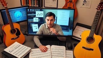 An online music lesson scenario with a student receiving virtual guidance from a music instructor, surrounded by musical instruments, sheet music, and digital music software, creating a dynamic and interactive learning environment for remote music education.