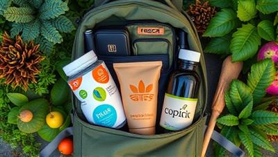 An assortment of eco-friendly travel gear neatly arranged in a sustainable travel backpack, surrounded by lush greenery and natural elements, conveying a message of sustainability and eco-consciousness.