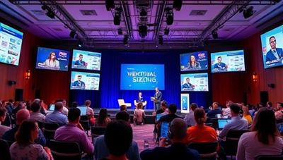 A virtual event hall setup with digital screens displaying interactive event features, participant avatars engaging in virtual networking, and a stage for keynote speakers, illustrating a dynamic and immersive virtual event environment, sparking creativity and excitement.