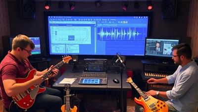 A collaborative music production scene featuring multiple users from different locations jamming together virtually, with digital instruments, mixing boards, and visualizers displayed on their screens, illustrating the platform's creative potential and collaborative nature for music enthusiasts.