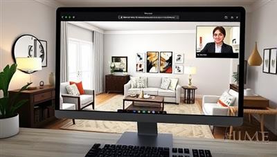 An inviting virtual living room design displayed on a computer screen, with a virtual interior designer discussing color schemes and furniture placement with a client over a video call, highlighting the convenience and creativity of HomeHarmony's services.