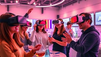 An immersive VR scene showing students wearing VR headsets and interacting with virtual science experiments in a futuristic laboratory setting, capturing the excitement and educational potential of the technology.