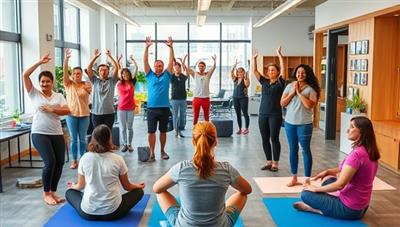A vibrant and energizing workplace setting with employees participating in wellness activities such as yoga, meditation, and team-building exercises, illustrating the positive and supportive work environment fostered by WellCorp Solutions' health and wellness programs.