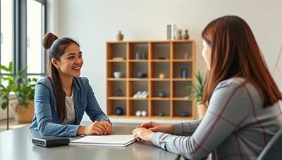 A dynamic virtual career coaching session with a coach discussing career goals with a college student, showcasing a collaborative and supportive environment for professional development and career planning, tailored for young professionals.