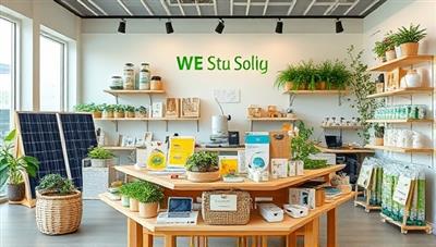 An array of sustainable tech products displayed in a modern and eco-friendly rental showroom, featuring solar panels, energy-efficient gadgets, and reusable packaging, conveying a message of sustainability and innovation.