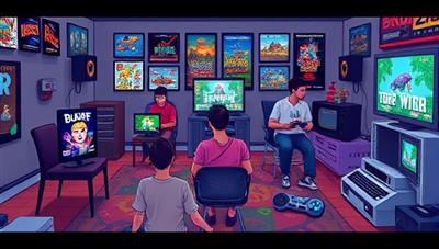 A nostalgic digital artwork showcasing a virtual retro gaming room filled with classic consoles, cartridges, and game posters, with a diverse group of gamers playing iconic retro titles on various devices, evoking a sense of nostalgia and shared gaming memories.