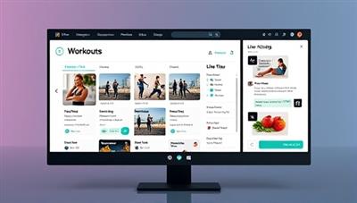 A sleek and modern digital interface displaying a workout plan with interactive exercise videos, nutritional tips, and a chat window for live coaching, reflecting a tech-savvy and dynamic fitness experience.