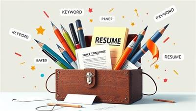 An artistic depiction of a virtual toolbox filled with resume-writing tools like pens, paper, and keywords swirling around, symbolizing the creative and dynamic approach to crafting professional resumes online.