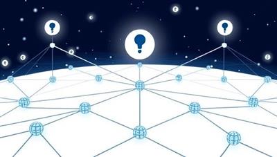 An illustration of interconnected blockchain nodes forming a secure communication network, with data blocks encrypted and transmitted securely between users, highlighting the robust security features and decentralized nature of the Blockchain-Powered Telecommunications Platform.