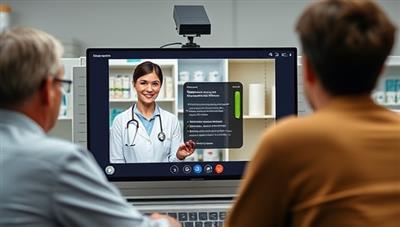 A virtual consultation scene showcasing PharmaLink Virtual Care's platform, with a pharmacist engaging in a video call with a patient, reviewing medication profiles, providing therapy recommendations, and answering drug-related questions, emphasizing professional expertise and personalized care in virtual pharmacy services.