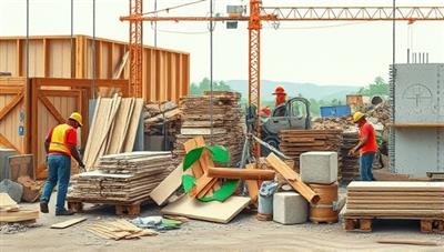 A visual representation of a construction site with workers sorting and recycling various construction materials like wood, metal, and concrete, showcasing the eco-friendly and sustainable approach of EcoCycle Construction in waste management.